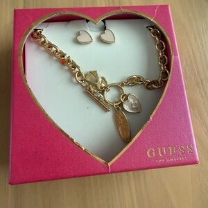 Guess Gold-Tone Heart Charm Bracelet with Matching Heart Stud Earrings